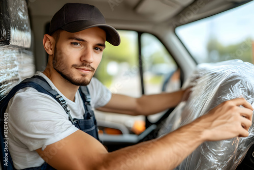 Delivery Driver in Van, Portrait of a Man in Uniform Driving a Vehicle with Protected Interior photo