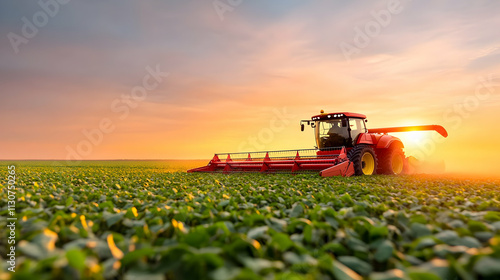 With the sun overhead, a red combine harvester harvests soybeans. In the fall, the farm works in the field.