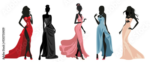 Glamorous female model silhouettes in prom dresses posing standing