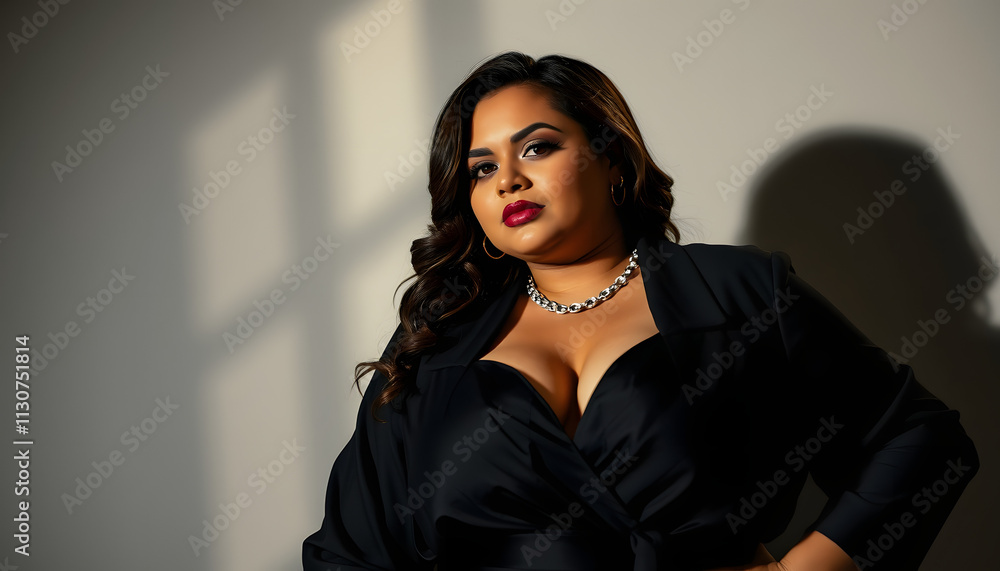 Fototapeta premium Sophisticated Plus Size Model in Chic Black Ensemble with Dramatic Lighting, origami, with white tones