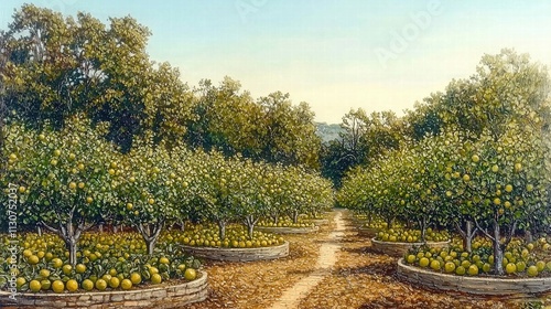 Orange orchard harvest sunny landscape nature photography serene environment aerial view agricultural beauty