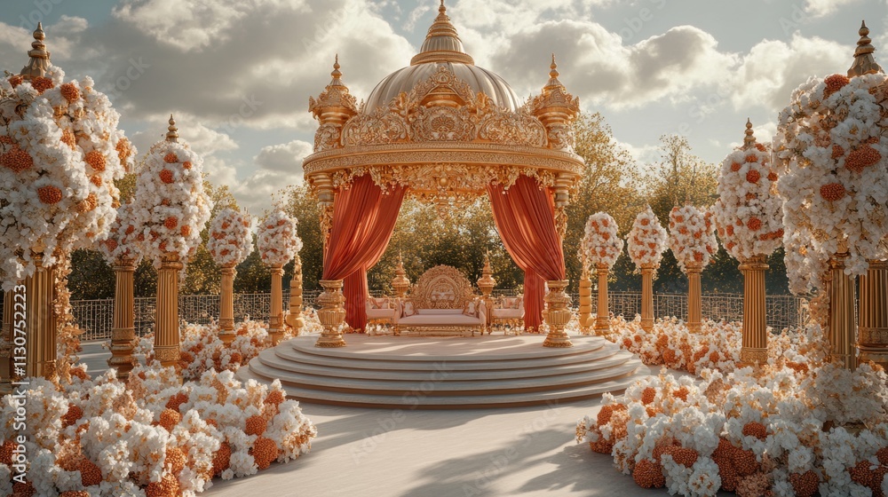 Obraz premium Ornate pavilion adorned with flowers, designed for a ceremonial setting.