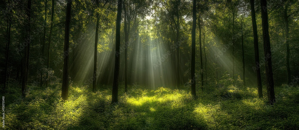 Fototapeta premium Sunbeams illuminating a lush green forest floor.