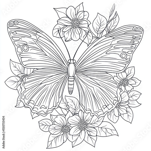 Intricate line art drawing of a butterfly surrounded by flowers. photo