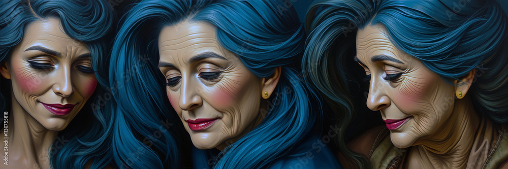 Fototapeta premium Three women with blue hair and makeup. The women are all smiling and looking at the camera. The image is a collage of three different women, each with their own unique style and expression