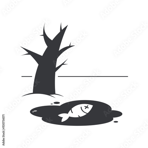 Isolated pictogram dangerous environment, with dead fish, plant, tree on polluted water area