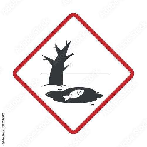 Isolated red diamond sign dangerous environment, with dead fish, plant, tree on polluted water area