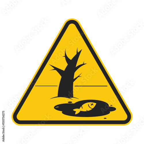 Isolated triangle sign dangerous environment, with dead fish, plant, tree on polluted water area