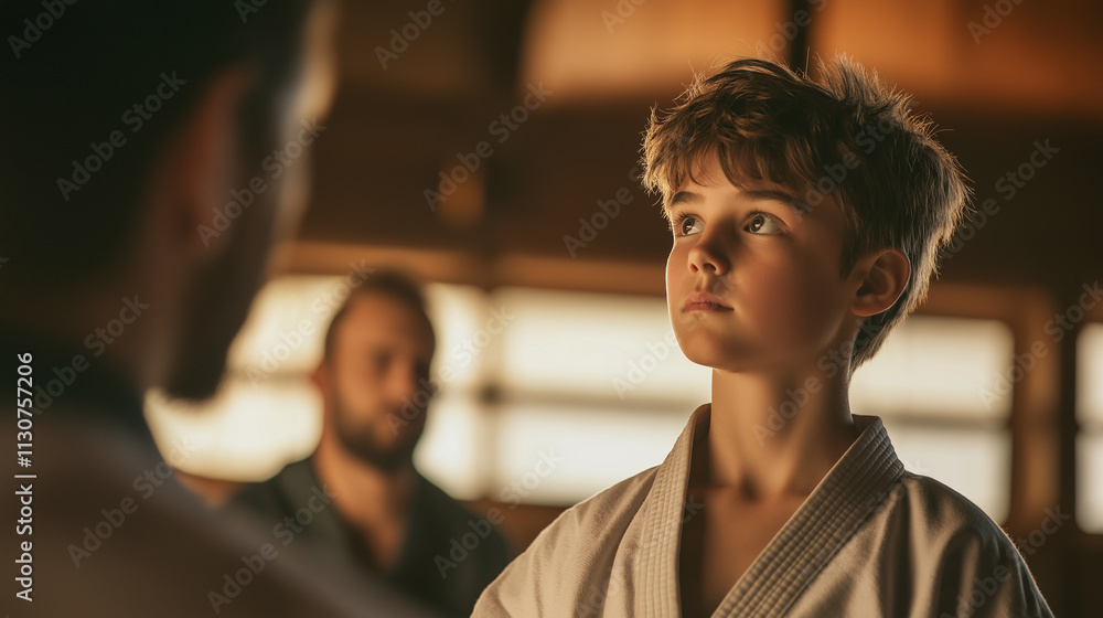 Fototapeta premium A young karate student looking up at their sensei, respect and determination visible on their face, warm indoor lighting