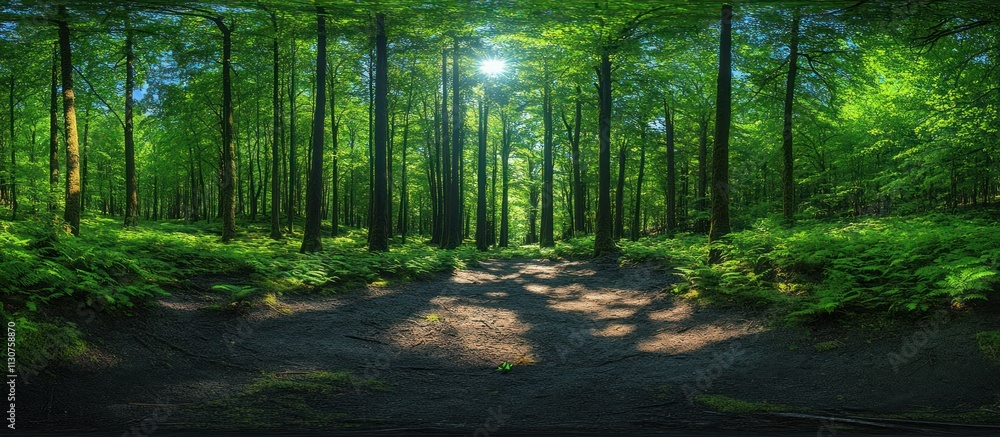 Obraz premium Sunlit path through lush green forest.