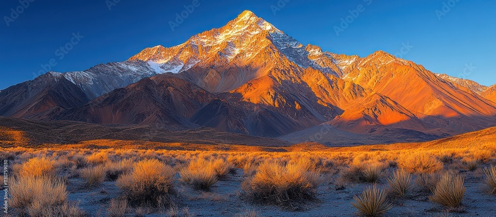Naklejka premium Majestic sunrise illuminates a snow-capped mountain range and desert landscape.