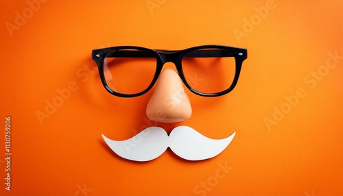 overhead glasses nose and mustache for april 1 april fool s day on orange background photo