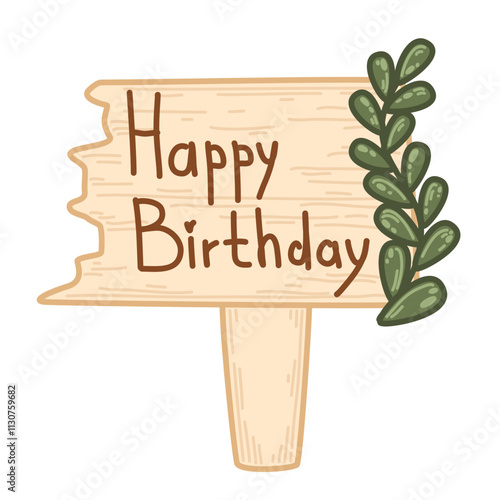 Wooden-style Happy Birthday sign decorated with lush green leaves. Whimsical and rustic design perfect for nature-themed events. Handcrafted wooden plaque with a festive birthday greeting and greenery