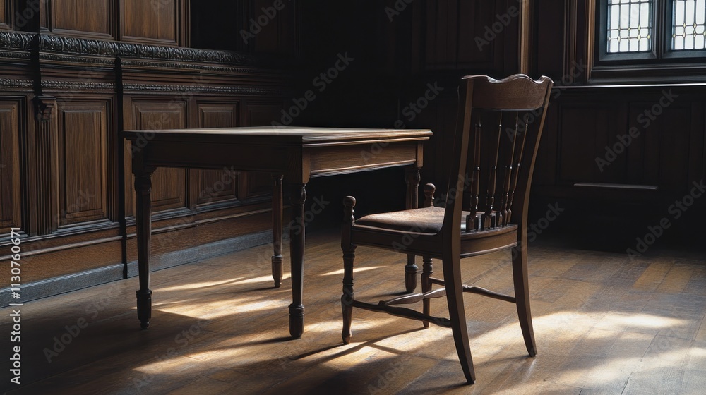 Fototapeta premium A Wooden Table and Chair in a Sunlit Room