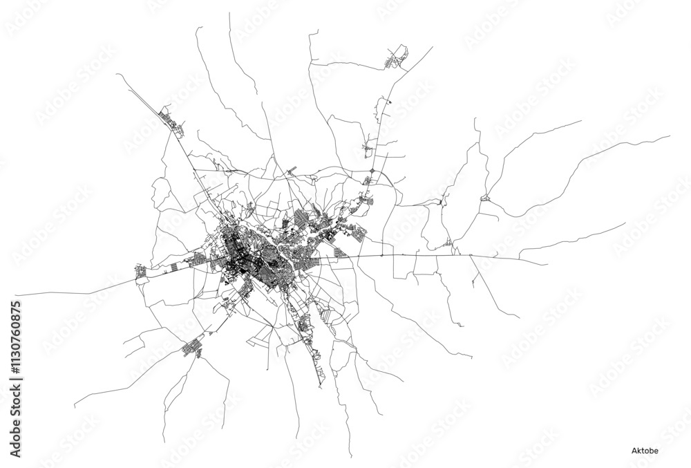 Naklejka premium Aktobe city map with roads and streets, Kazakhstan. Vector outline illustration.