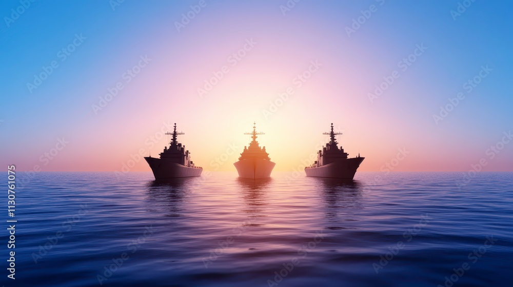 Obraz premium Three Warships at Sunset Ocean Navy Military Ships Sea