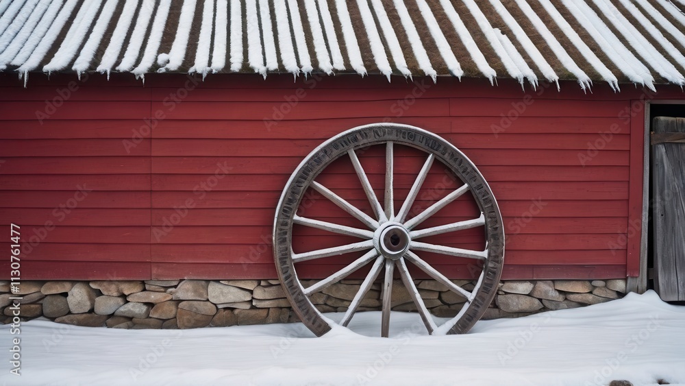 Obraz premium Rustic Wagon Wheel Against a Red Barn in Snowy Landscape