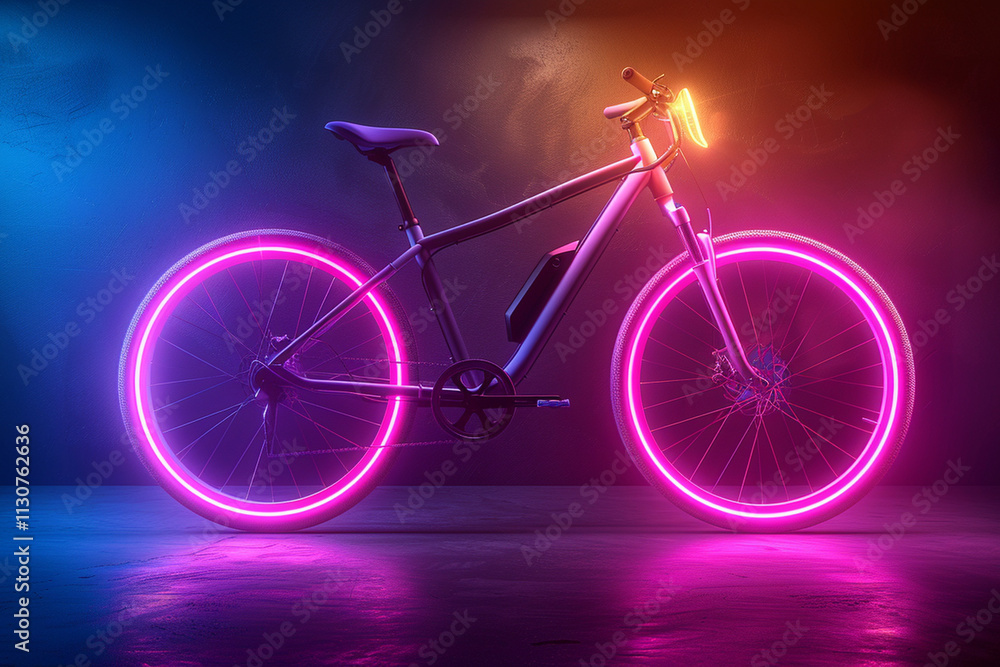 Fototapeta premium Futuristic Electric Bike with Neon Lights in a Modern Studio Setting