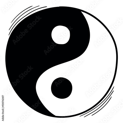 Hand drawn doodle yin yang symbol on white background.
