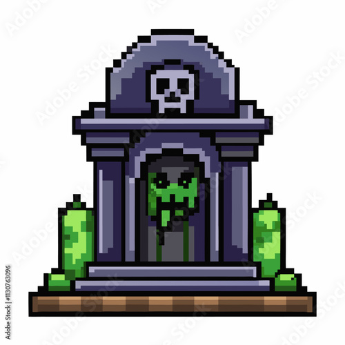 Pixel Art Spooky Grave Retro Style Halloween Tombstone with Green Candles