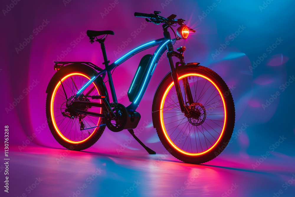 Fototapeta premium Futuristic Electric Bike with Neon Lights in a Modern Studio Setting
