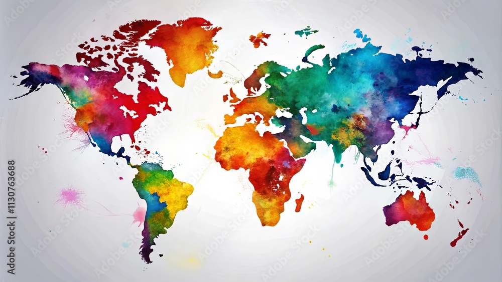 Fototapeta premium Vibrant Watercolor World Map A Colorful Artistic Representation of Global Interconnectedness