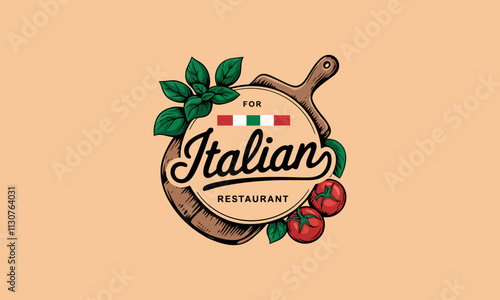 Italian restaurant logo with pizza board and ingredients