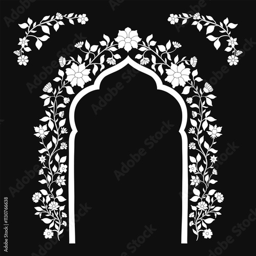 Mughal decorative arch ornamental floral. Vintage intricate traditional mughal style with flowers and foliage.