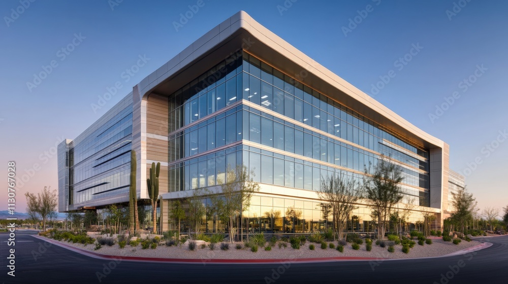 Fototapeta premium modern office building with glass facade at sunset