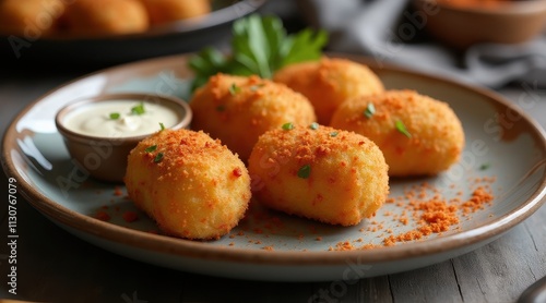 Wallpaper Mural Golden croquettes garnished with fresh herbs and served with a creamy dipping sauce on a rustic plate Torontodigital.ca