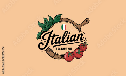 Italian restaurant logo with pizza board and ingredients