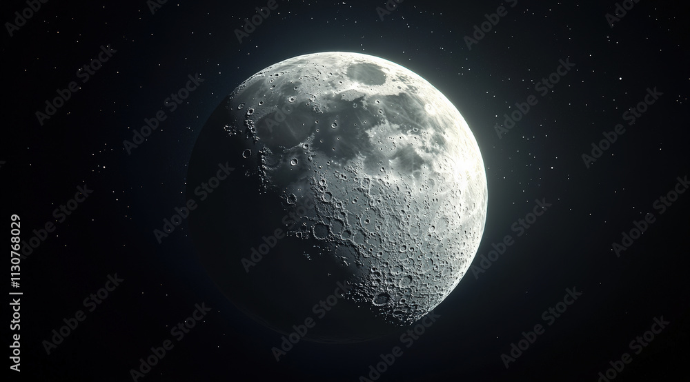 Obraz premium A detailed view of the moon with craters and stars in the dark sky.