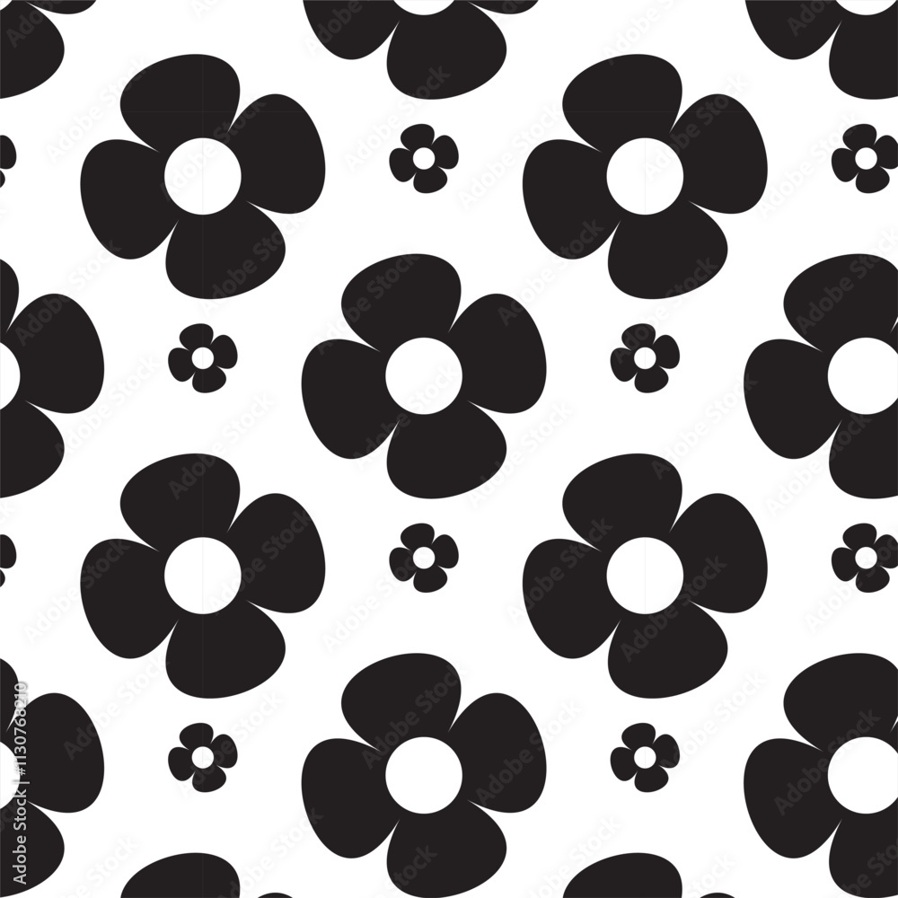 Fototapeta premium Bold black flowers on a clean white background create a seamless retro floral pattern, perfect for fabric, wallpaper, wrapping paper, or digital design.