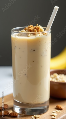 Creamy banana almond smoothie topped with granola in a glass, placed on a wooden board with almonds and oats surrounding the drink