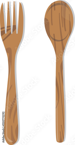 Wooden spoon and fork flat design isolated on white background. Culinary Icon Vector Illustration