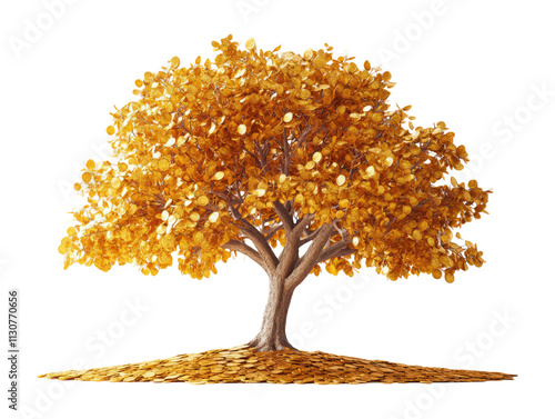 Golden Coin Tree with Shiny Leaves Isolated on White Background