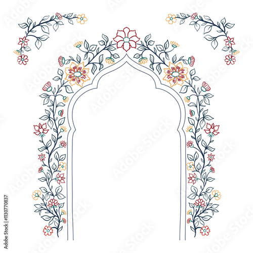 Mughal decorative arch ornamental floral. Vintage intricate traditional mughal style with flowers and foliage.