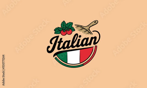 Italian restaurant logo with pizza board and ingredients