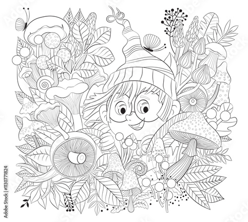 Girl picking mushrooms in a clearing. Fun coloring book for kids. Vector illustration
