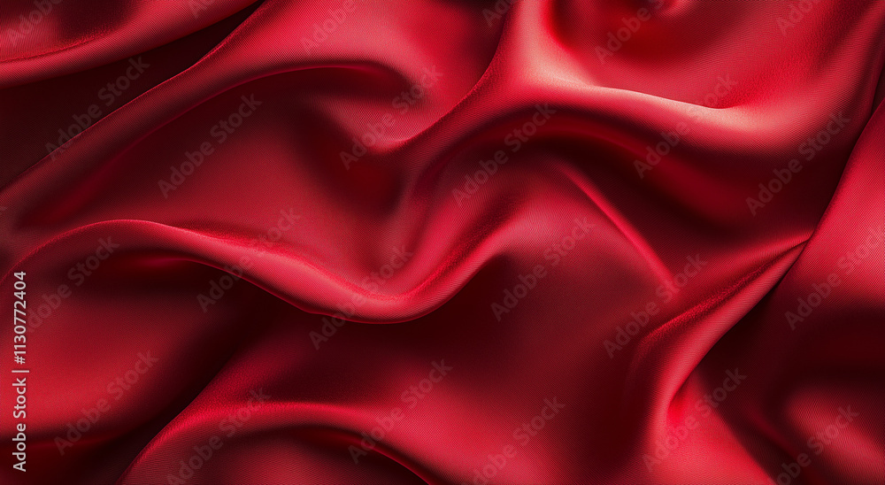 Obraz premium Top view burgundy silk satin fabric background with wavy folds. Valentine's Day or Christmas background texture for design of greeting cards, postcards, fashion, or jewelry products. 