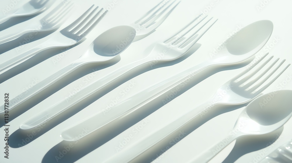 Set of white plastic cutlery arranged on a light background. Set of white plastic cutlery arranged on a light background.