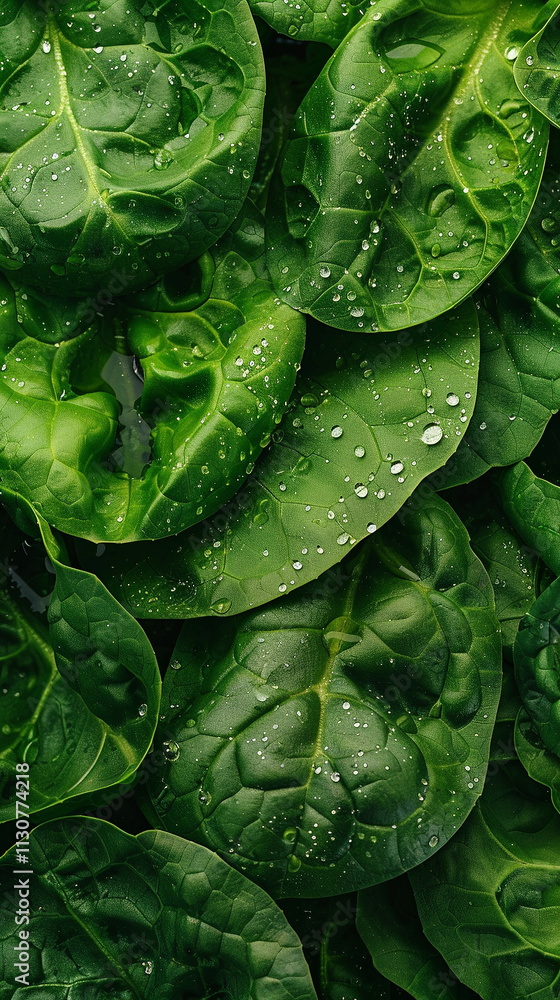Fototapeta premium A close-up view of fresh spinach leaves covered in water droplets, highlighting the vivid green color and natural texture, evoking a fresh garden feel