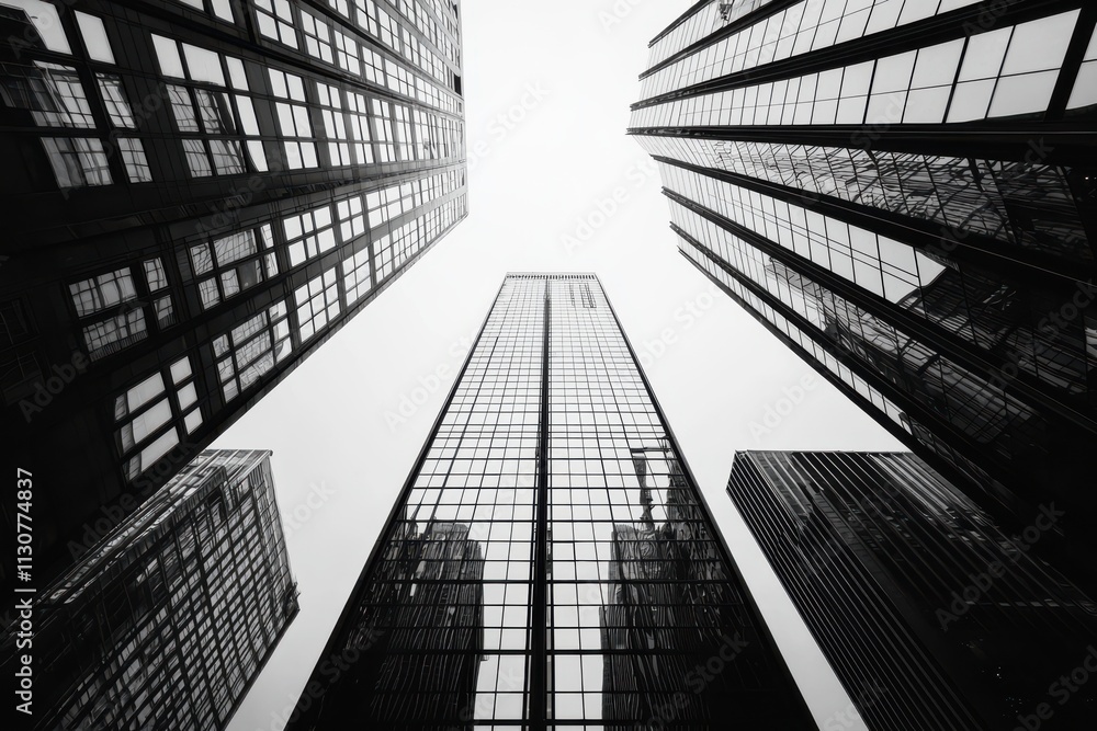 Fototapeta premium Upward view of a contemporary skyscraper with glass facade
