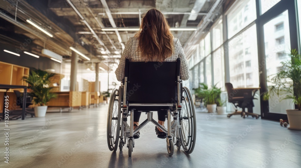 Obraz premium Professional woman in a wheelchair working in a modern office.