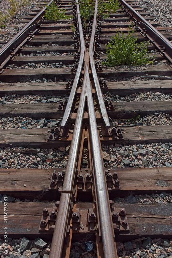 Fototapeta premium Closeup of railway track, ballast stones, metal rails.