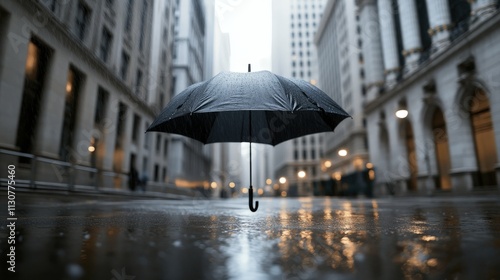 Wallpaper Mural A solitary black umbrella stands on a rainy city street, reflecting the surroundings in puddles, creating a moody urban atmosphere. Torontodigital.ca
