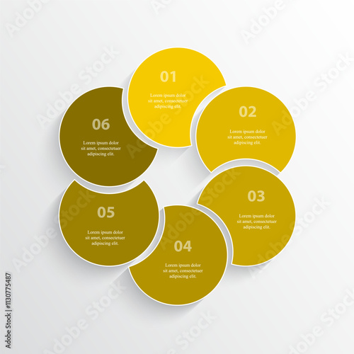 Step by step yellow infographic template with 6 steps, options, parts or processes.