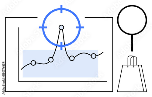 Graph with fluctuating data points, a target symbol, a magnifying glass, and a shopping bag. Ideal for business analytics, market research, target marketing, strategy development, financial trends