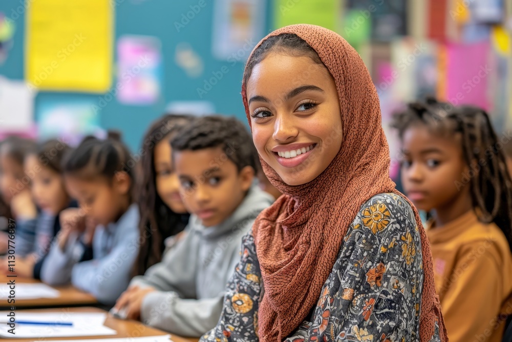 Obraz premium Standing by a table, a cheerful young teacher addresses a group of multicultural students, focusing on one as she explains the rules.