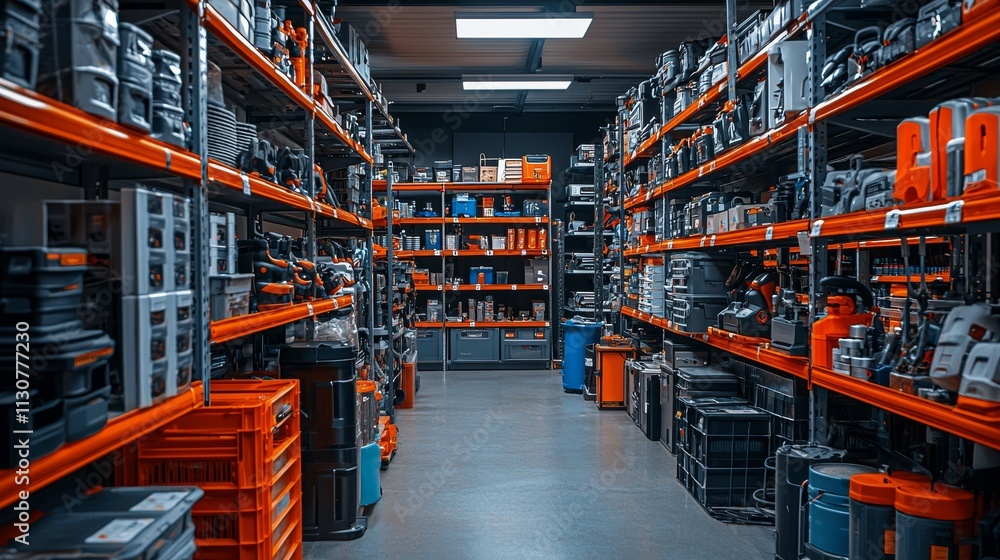 Fototapeta premium An expansive view down a hardware store aisle, where shelves are lined with tools, paint cans, and construction supplies, all under the glow of fluorescent lights.